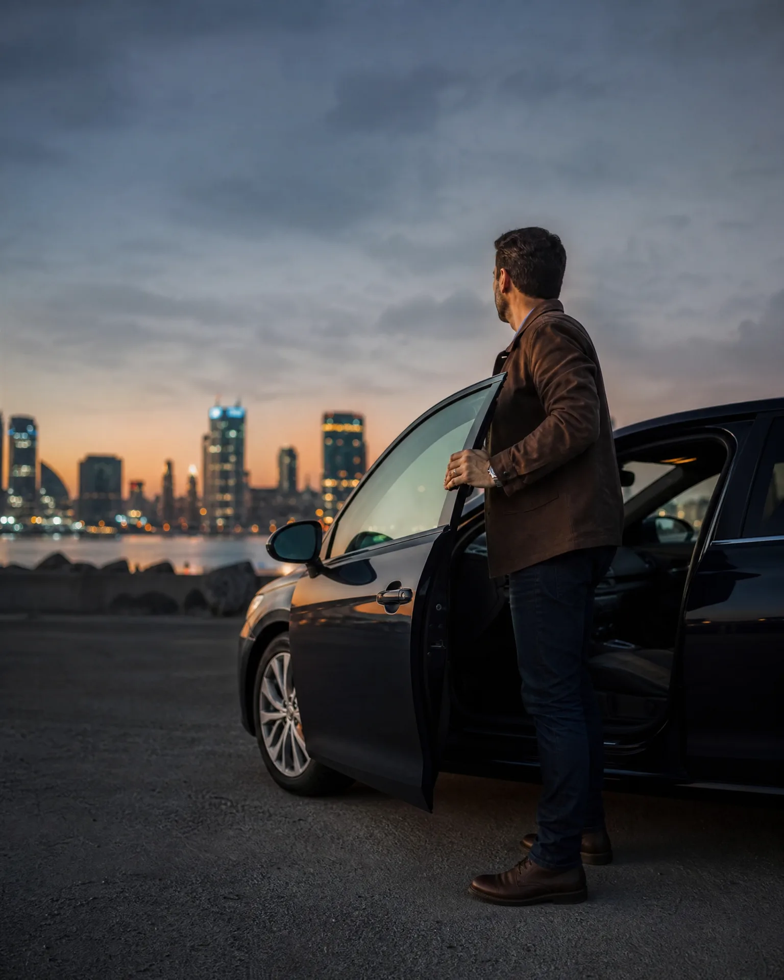 A man in a brown jacket and jeans stands beside an open car door on a paved waterfront lot, looking toward a distant city skyline at dusk.