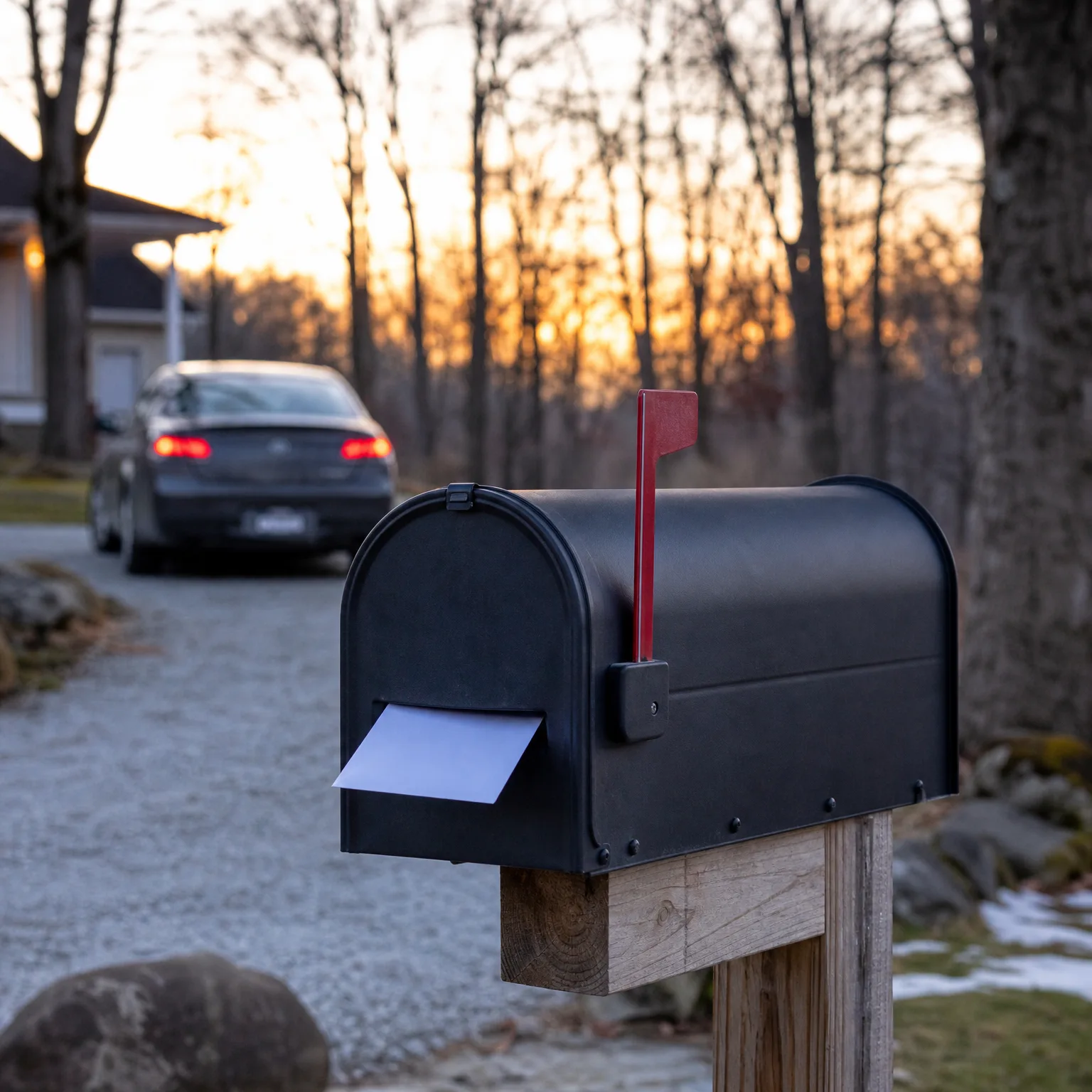 A black mailbox with a raised red flag and a white envelope in its open door, mounted on a wooden post beside a gravel driveway, with a dark car parked near a house and bare trees in the blurred background.