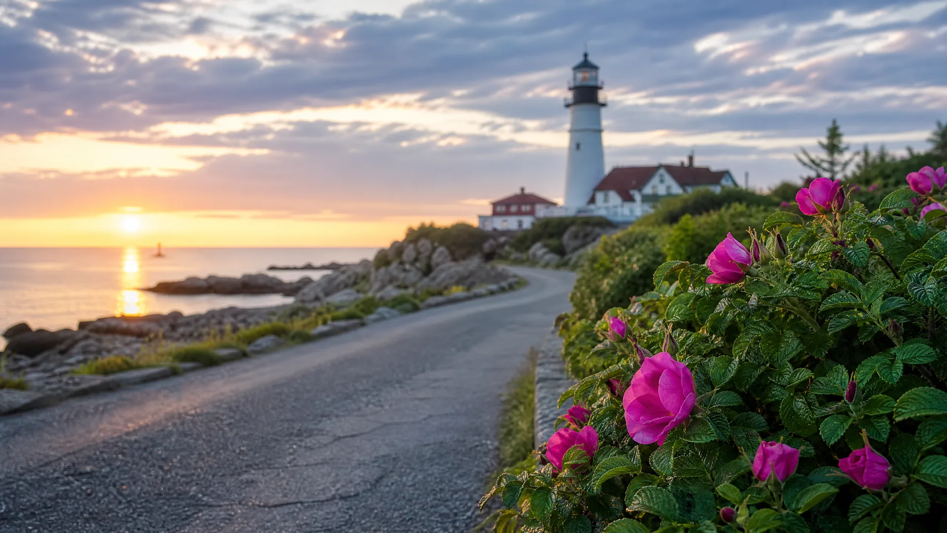 A paved road curves along a rocky coastline toward a white lighthouse and adjacent buildings at sunset, with pink roses and green foliage in the foreground.
