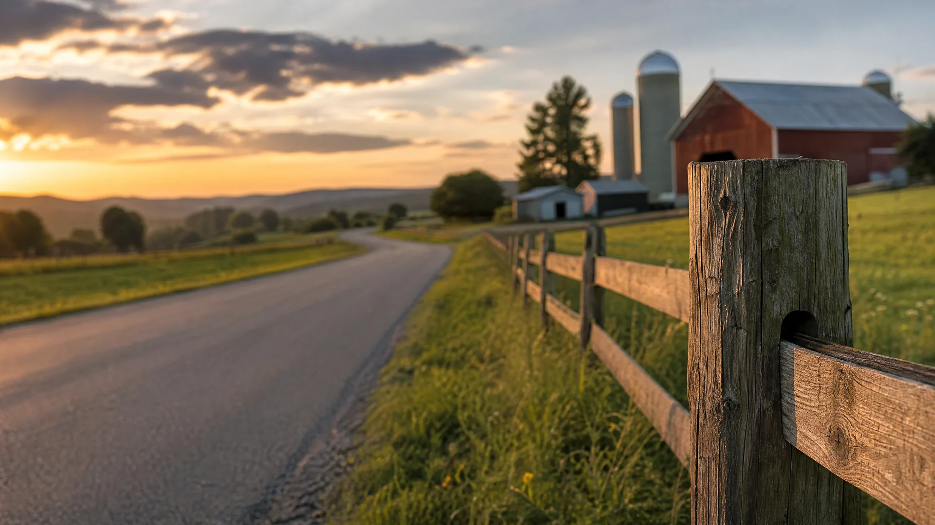 A rural two-lane road curves past a weathered wooden post-and-rail fence and grassy fields toward a red barn with metal silos at sunset, with low hills on the horizon.